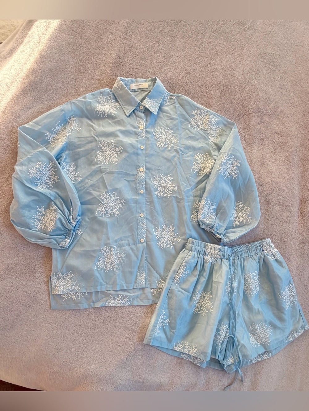 Commense Light Blue Blouse Top and Shorts Set with White Floral Embroidery M